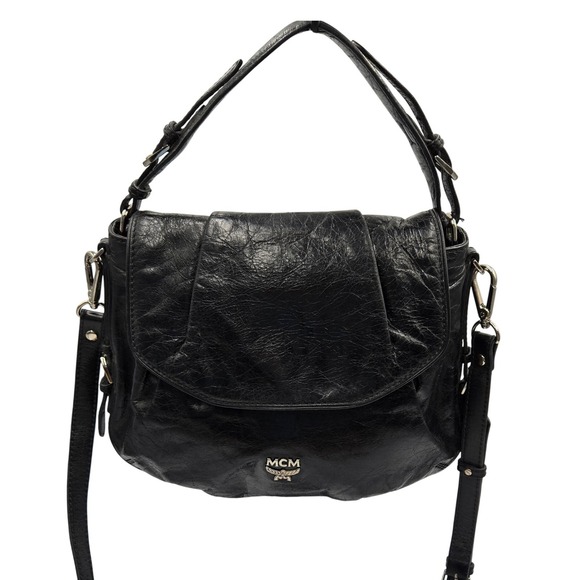 MCM Black Leather Shoulder Bag Crossbody Convertible Designer Purse - Picture 1 of 10